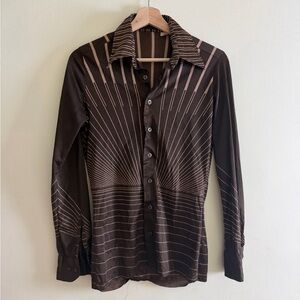 Men's 70’s Vintage Gold Striped Brown Button-Up Shirt Art Deco Bonhomme